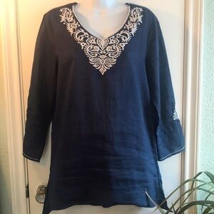 100% Linen Navy and White Embroidered Tunic Top